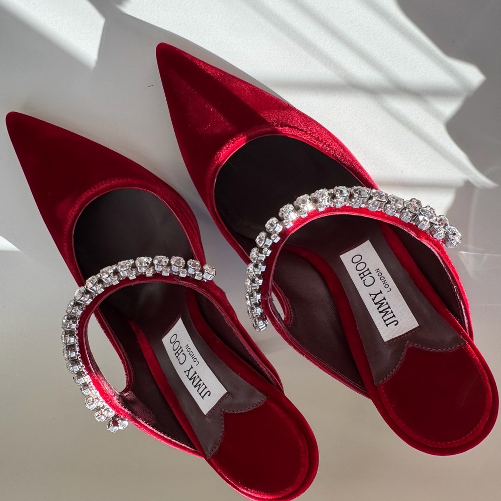 Jimmy Choo Red Velvet Heels with Crystal Embellishments - Picture 6 of 7